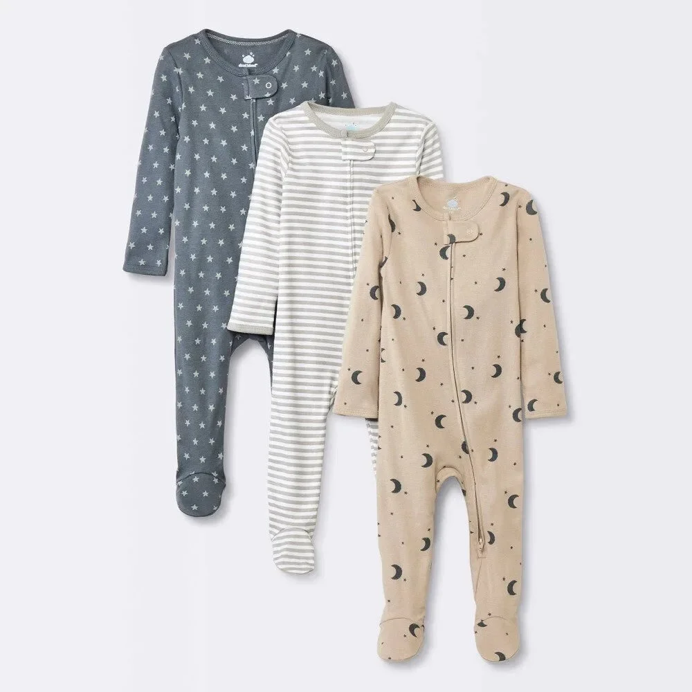 Baby 3pk Cotton Moons Sleep N' Play - Cloud Island™ Gray 6-9M: Footed Pajamas,